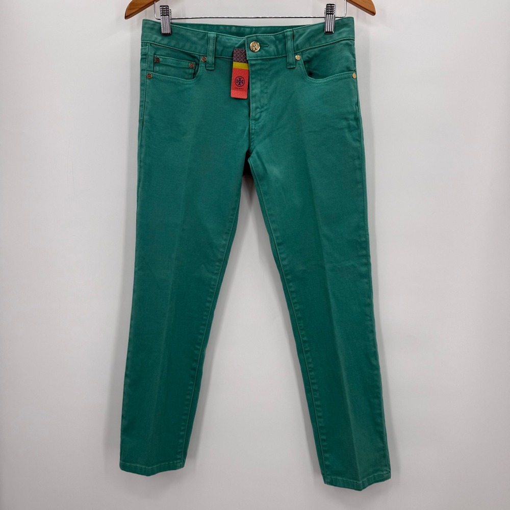 Tory Burch Alexa Cropped Skinny Jeans Viridian Green Size 27 - Picture 2 of 8